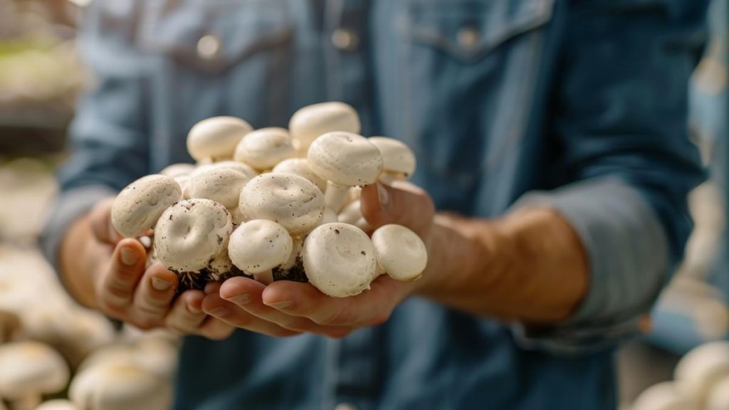 Hands holding fresh picked mushrooms